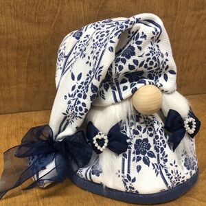 Victorian Lady Gnome Navy White Floral Vines Pearl Heart Bows Gift All Seasons
